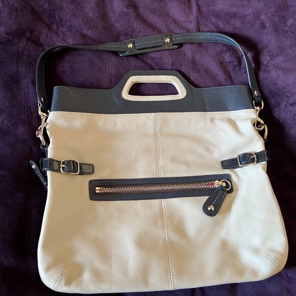 Coach M0873-13380 Ecru Leather Blue Double Handle Foldover Zipper Gusset Bag - Picture 10 of 10